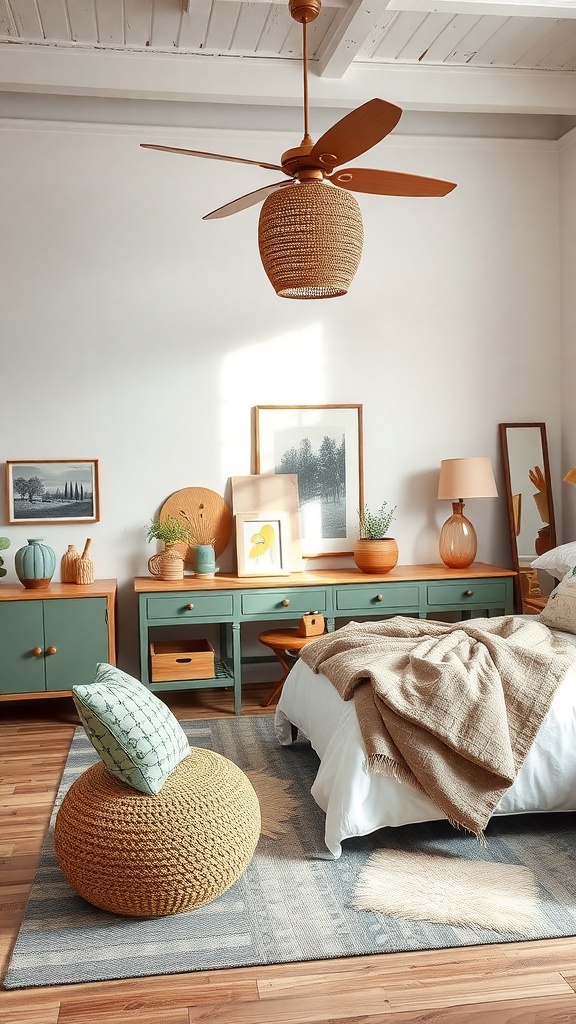 A modern Indian bedroom featuring artisan craftsmanship with a woven ceiling fan, green dresser, and cozy textiles.