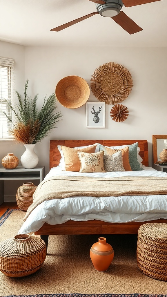 A cozy boho bedroom featuring artisan decor, including woven baskets, textured pillows, and natural wall art.