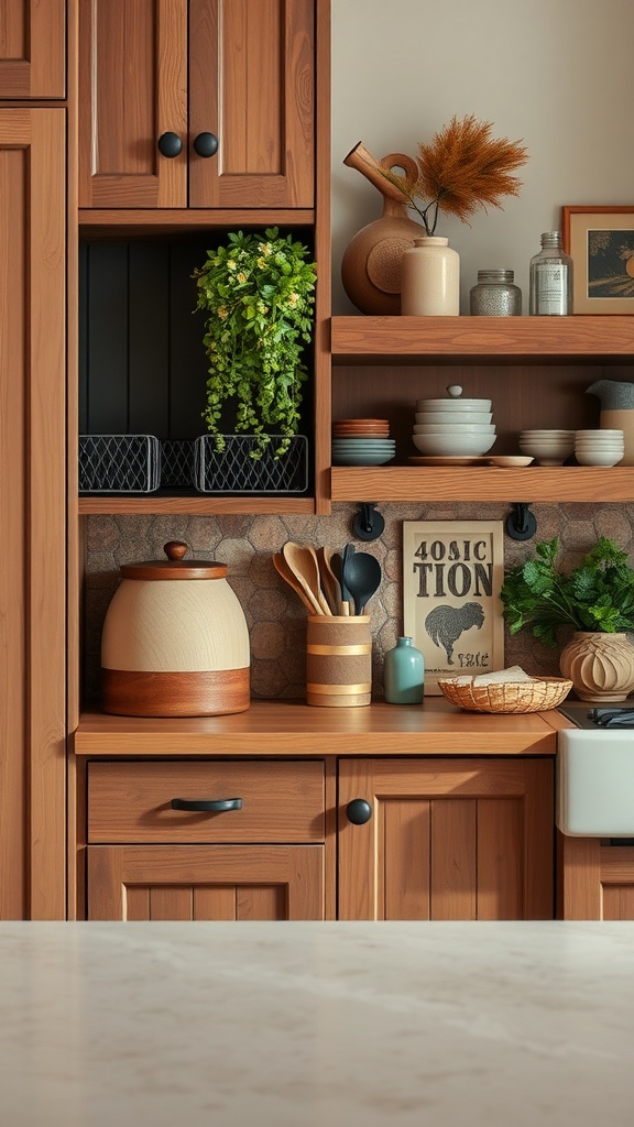 A beautifully designed Japandi kitchen featuring wooden cabinetry, open shelving with decorative items, and plants.