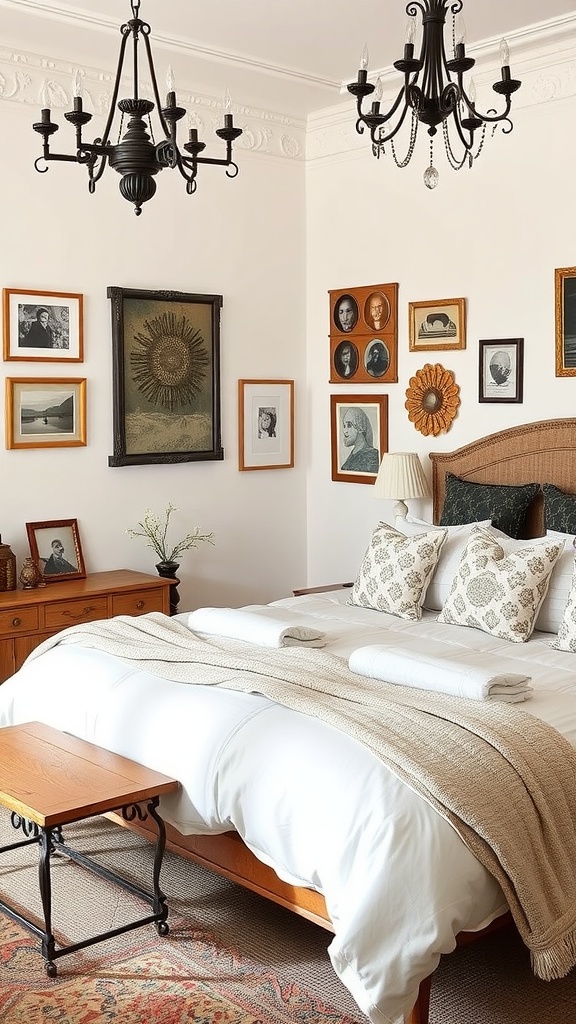 A cozy elegant bedroom featuring a wooden bed, artisan decor, and sophisticated lighting.
