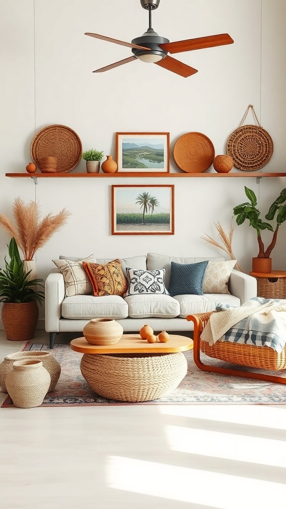 A cozy boho living room with artisan decor, featuring a neutral sofa, woven baskets, and framed artwork.