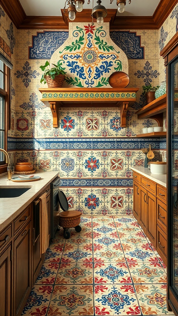 Colorful artisan hand-painted tile backsplash in a kitchen with wooden cabinets.