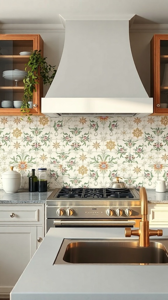Artisan hand-painted tiles as a kitchen backsplash with floral patterns