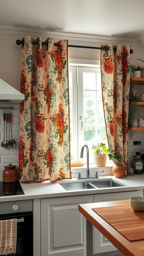 Colorful artisan handcrafted kitchen curtains with floral patterns, enhancing the decor of a bright kitchen.