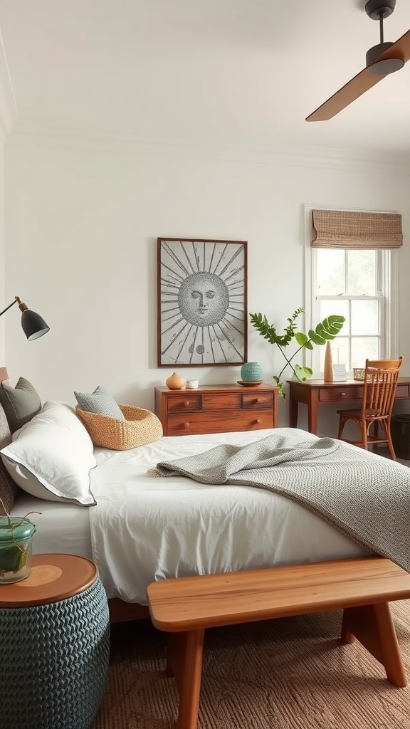 A cozy bedroom featuring artisan handcrafted furniture with a wooden bed, unique nightstand, and a cozy reading nook.