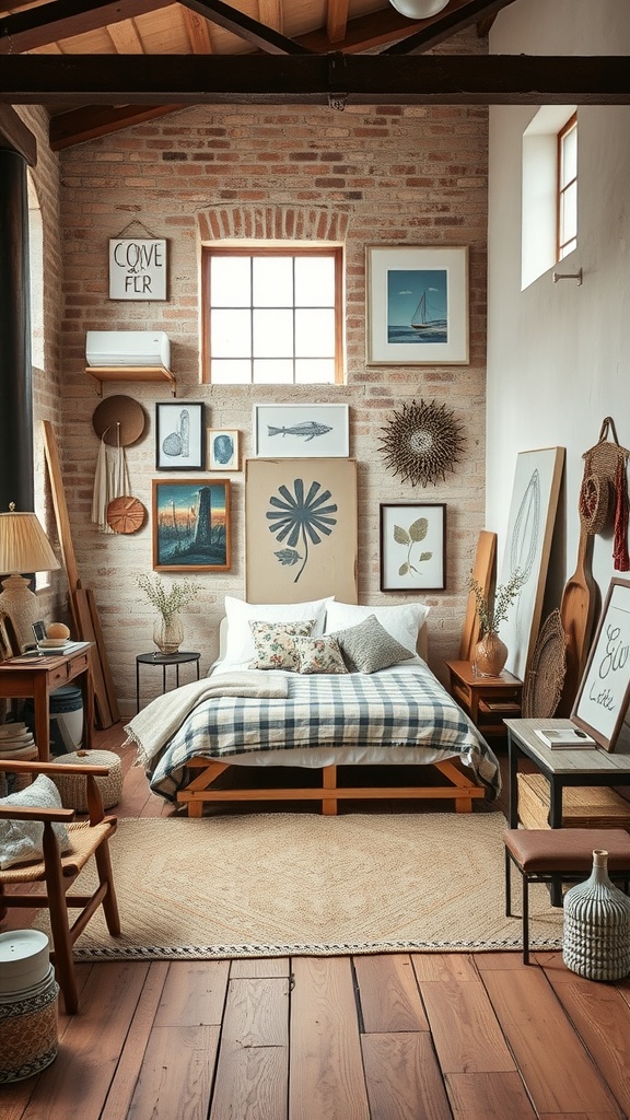 A cozy loft bedroom featuring a plaid duvet on a wooden bed, surrounded by artwork on exposed brick walls and rustic decor.