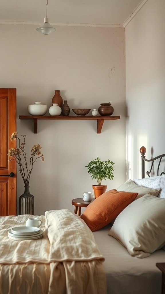 A cozy cottagecore bedroom showcasing an artisan pottery display on a wooden shelf.