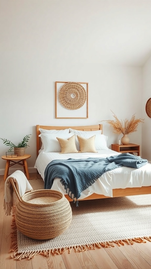 A cozy maximalist bedroom featuring a wooden bed with white linens, golden cushions, a blue throw blanket, a woven basket, and a textured rug.