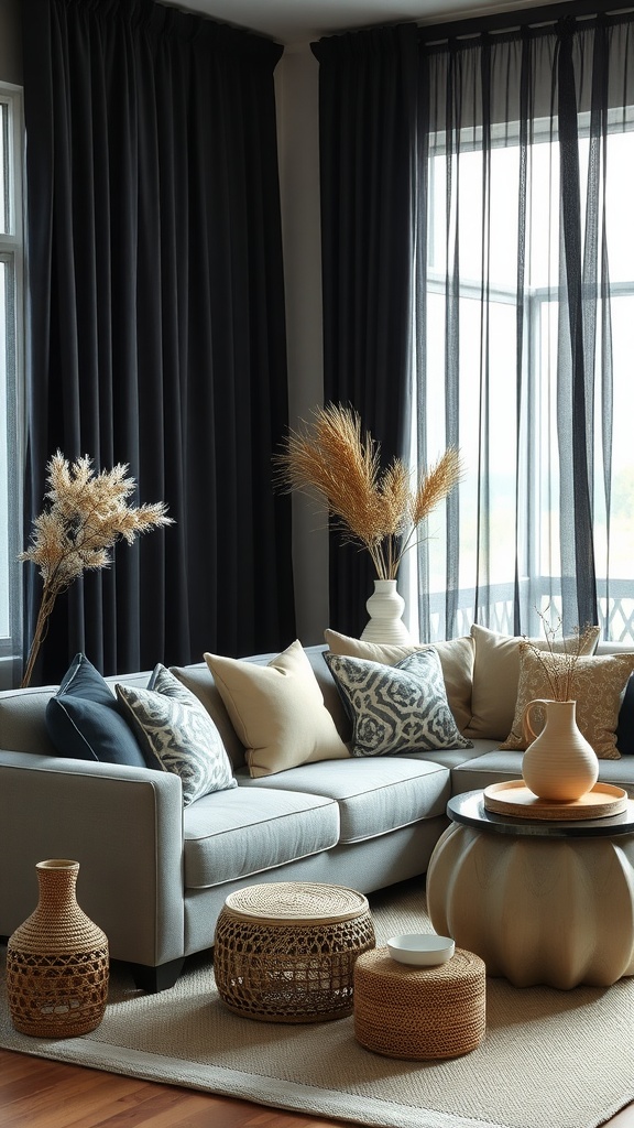 Living room with black curtains, light gray sofa, and handcrafted decor