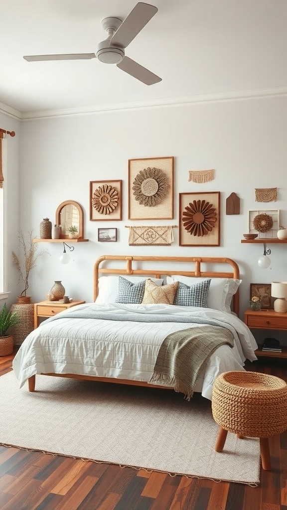 Cozy farmhouse bedroom with artisan wall art and natural decor
