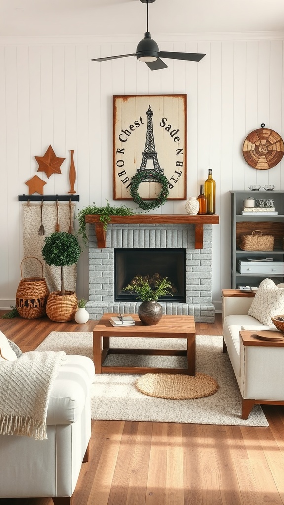 A cozy farmhouse living room with artisan wall decor featuring an Eiffel Tower painting and wooden accents.