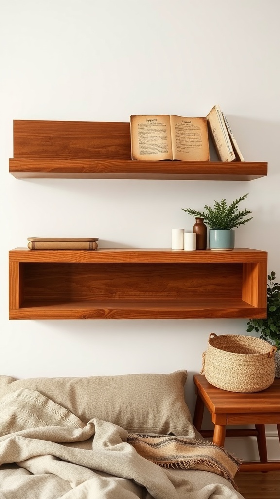 Artisan wooden shelves in a cozy bedroom setting
