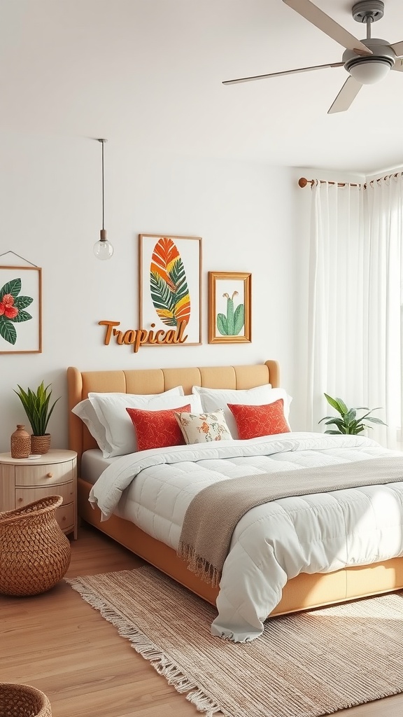 A tropical-themed bedroom featuring handcrafted decor elements with a wooden bed, wall art, and natural plants.