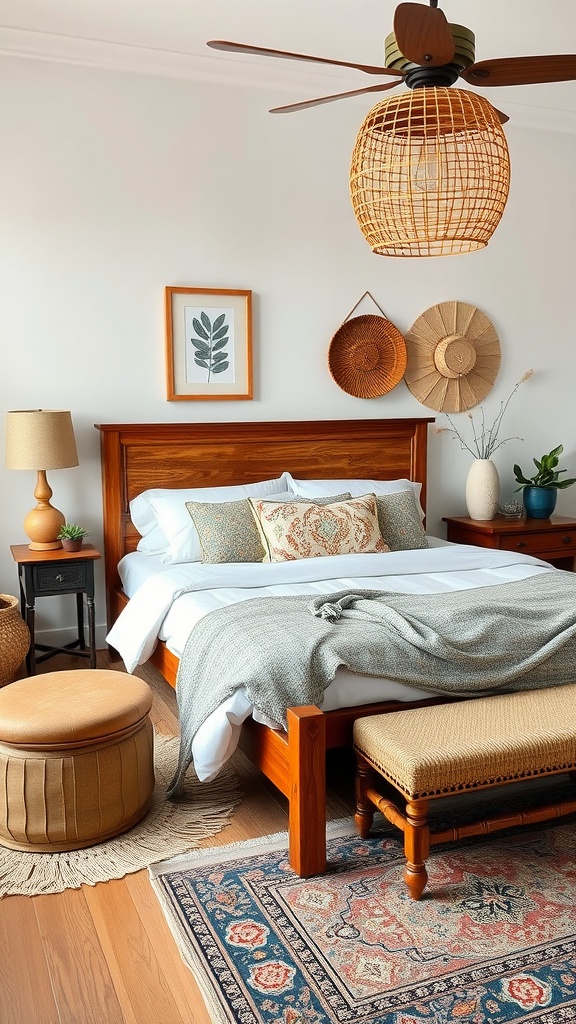 A cozy bedroom with artisanal handcrafted decor, featuring a wooden bed, woven light fixture, and decorative wall baskets.