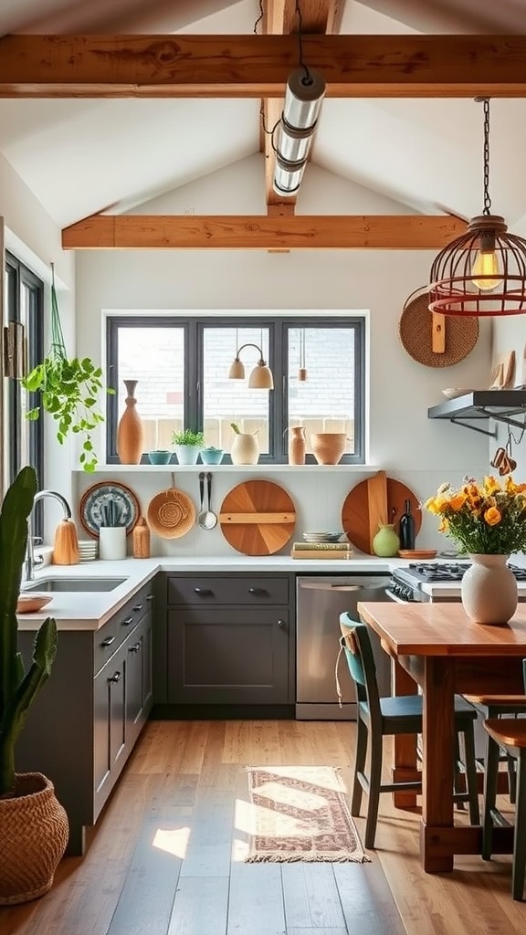 A modern kitchen featuring wooden beams, handcrafted decor, plants, and warm lighting.