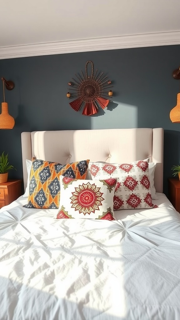 A cozy boho bedroom with patterned accent pillows on a bed, featuring a dark wall and soft white bedding.