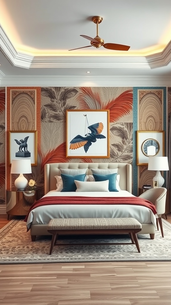 A stylish bedroom with an artistic accent wall featuring vibrant colors and framed artwork.