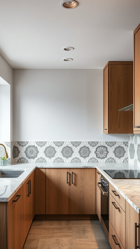 Stylish kitchen with artistic backsplash and light countertops