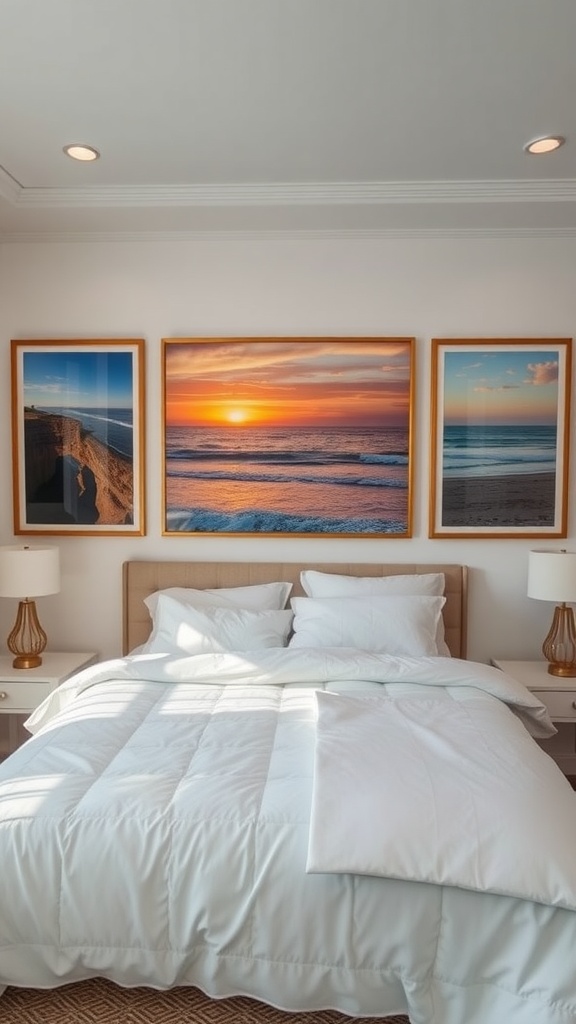 A bright bedroom featuring three beach photographs above a bed with white linens.