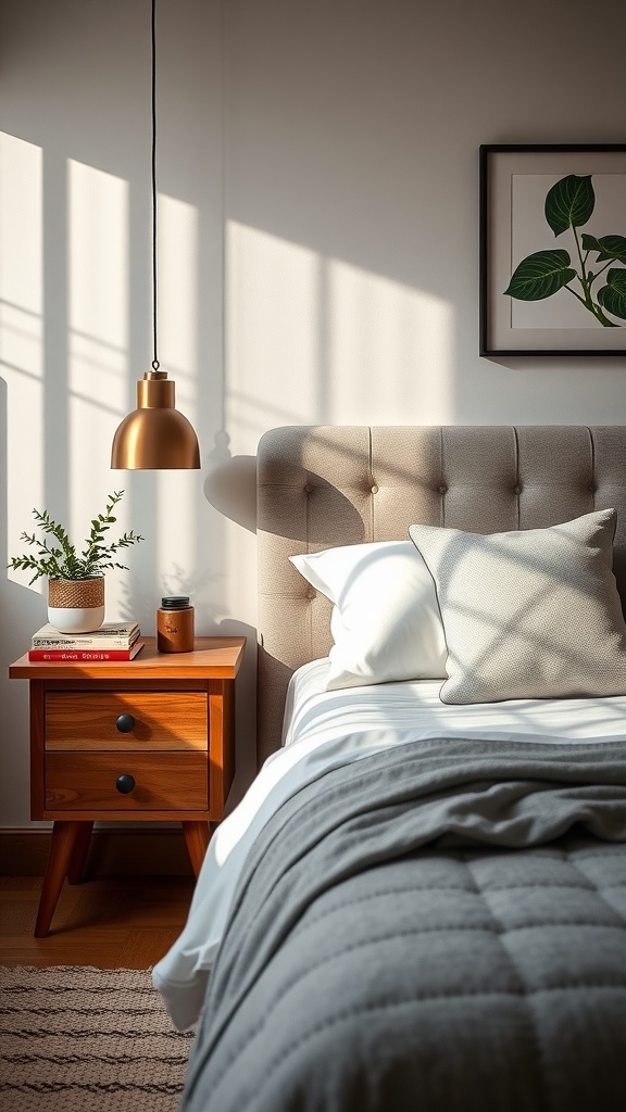 Artistic bedside table setup featuring a wooden table, books, a plant, and a pendant light