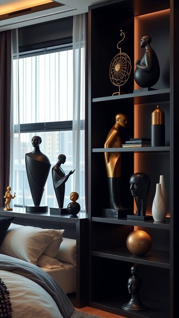 A stylish shelf showcasing black and gold sculptures in a modern bedroom setting.