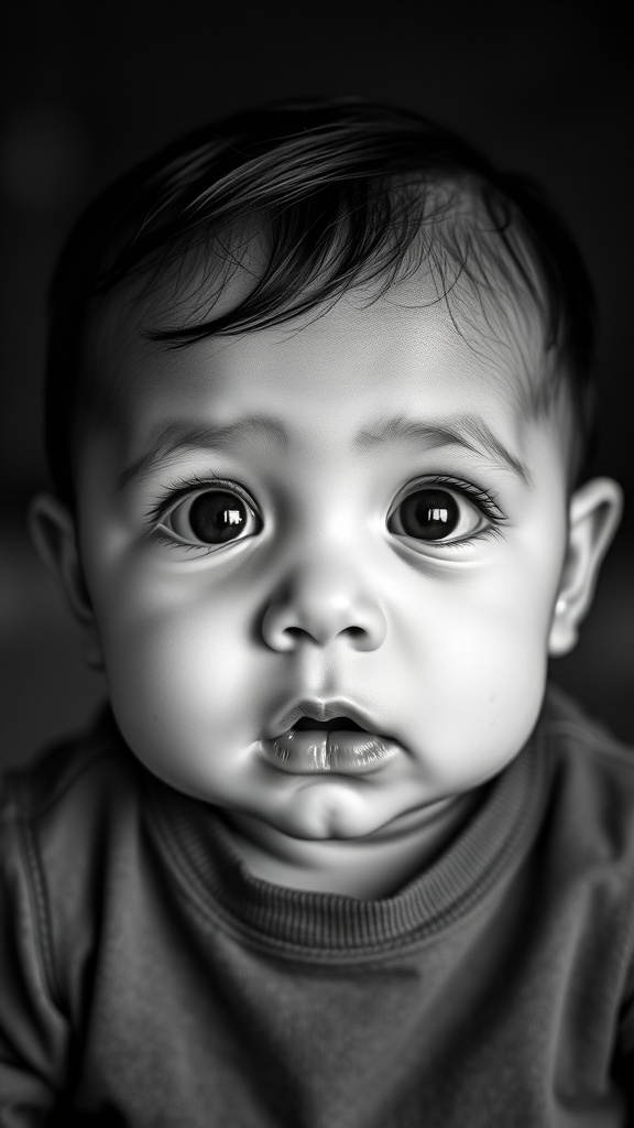 Black and white portrait of an 11-month-old baby with large expressive eyes and a curious expression.