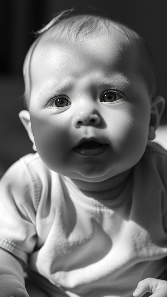 A close-up black and white photograph of a baby with a curious expression
