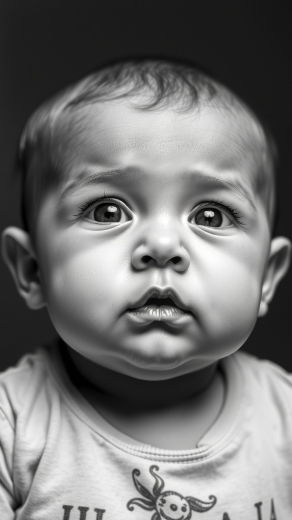 A black and white portrait of a baby with a thoughtful expression, highlighting their features and innocence.