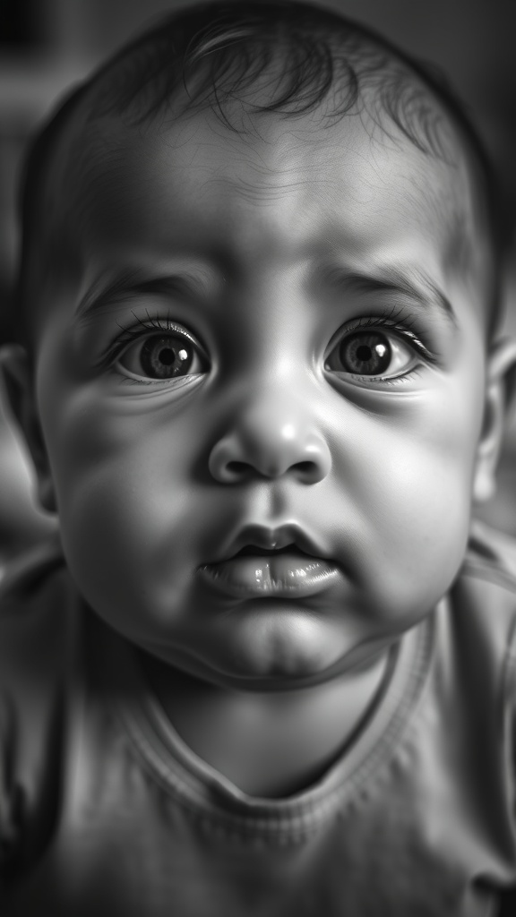 Artistic black and white close-up of a baby