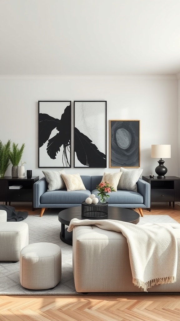 Stylish black living room with artistic wall art featuring a leaf design and abstract patterns.