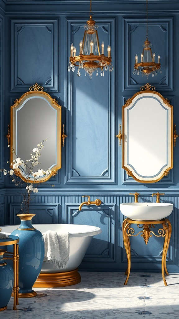 A luxurious bathroom featuring blue walls, gold accents, a freestanding bathtub, and elegant decor.