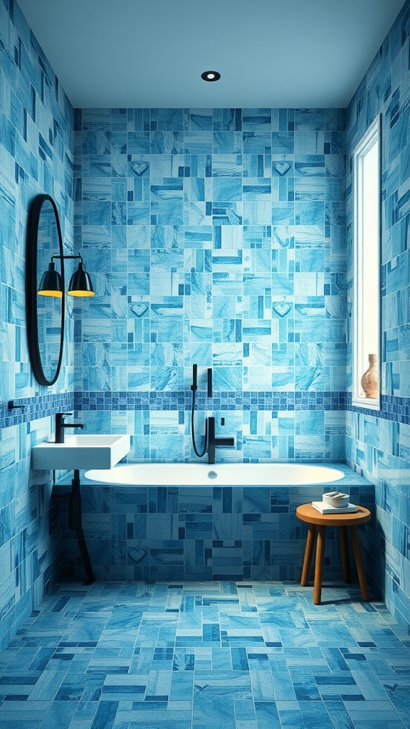 A bathroom with artistic blue mosaic tiles on the walls and floor, featuring a white bathtub and modern fixtures.