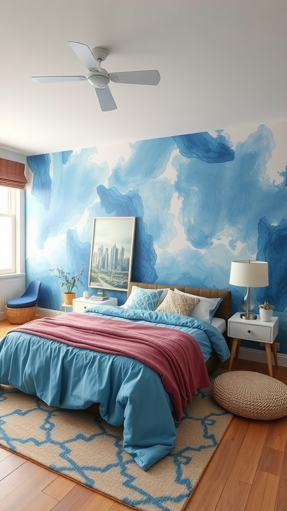 A blue bedroom featuring an artistic wall mural with soft blue tones, cozy bedding, and wooden furniture.