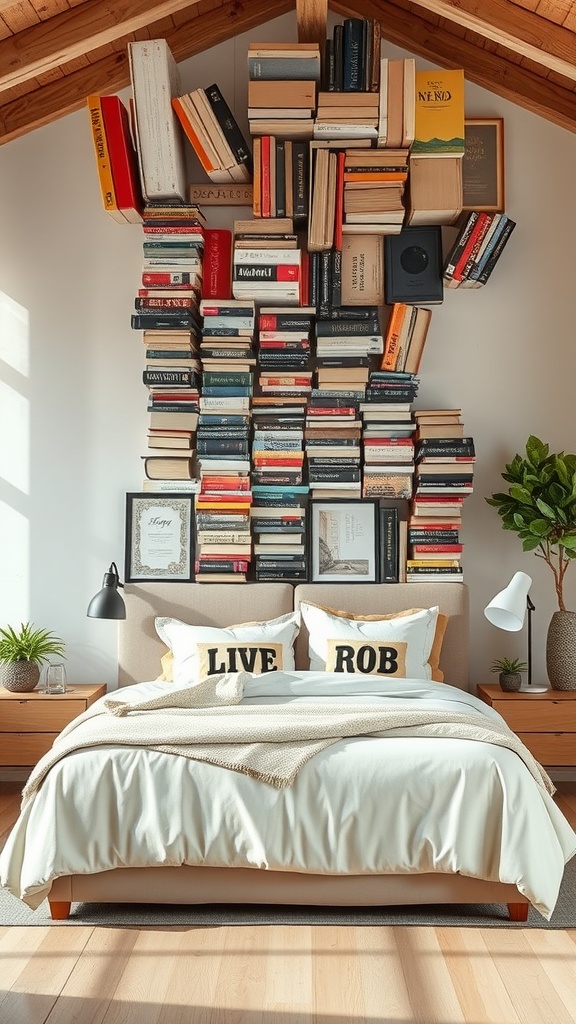 An artistic display of books arranged creatively on a wall above a bed, with decorative elements and plants.