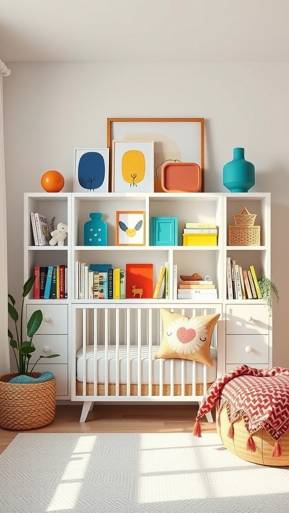 A colorful nursery bookshelf displaying books and decorative items, with a crib and cozy accessories.