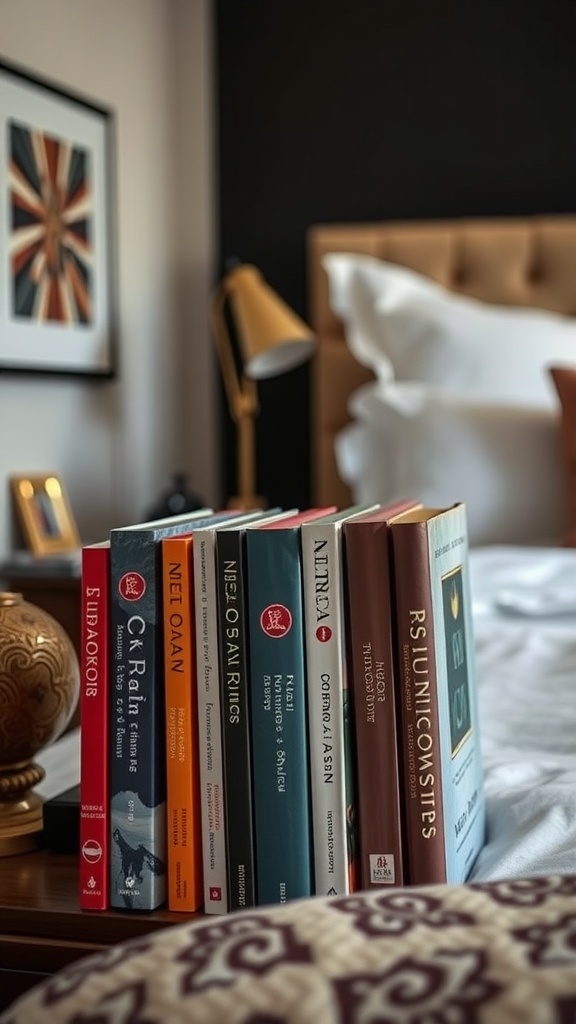A collection of books displayed on a nightstand, featuring artistic bookends and a cozy bedroom backdrop.