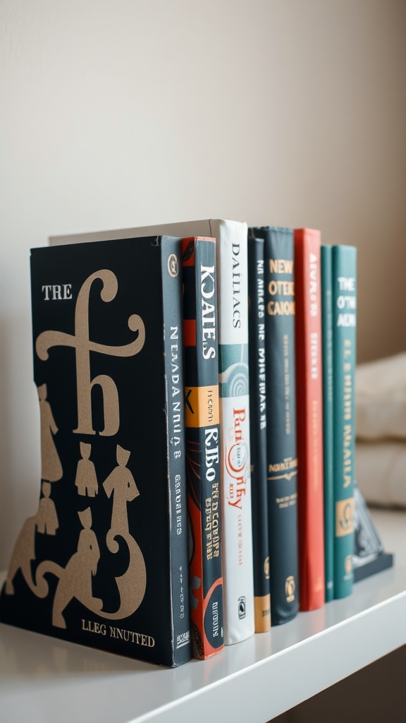 A shelf displaying colorful books with a unique bookend, showcasing a personal touch.