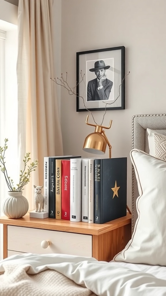 A cozy bedroom with artistic bookends holding books, a gold lamp, and a decorative cat figurine.