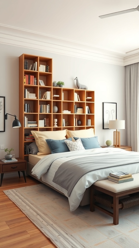 A stylish wooden bookshelf above a bed, displaying books and decorative items in a cozy bedroom.