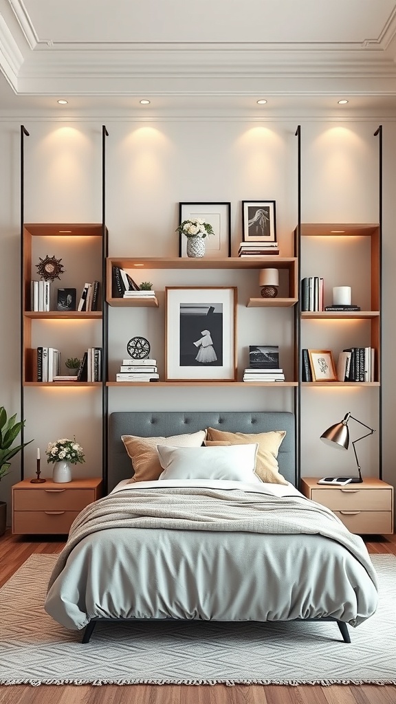 A modern artistic bookshelf with geometric shapes, featuring wooden shelves and black supports, filled with books and decorative items, set in a cozy bedroom.