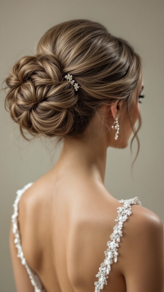 A close-up of a bridesmaid's artistic bun hairstyle with delicate accessories