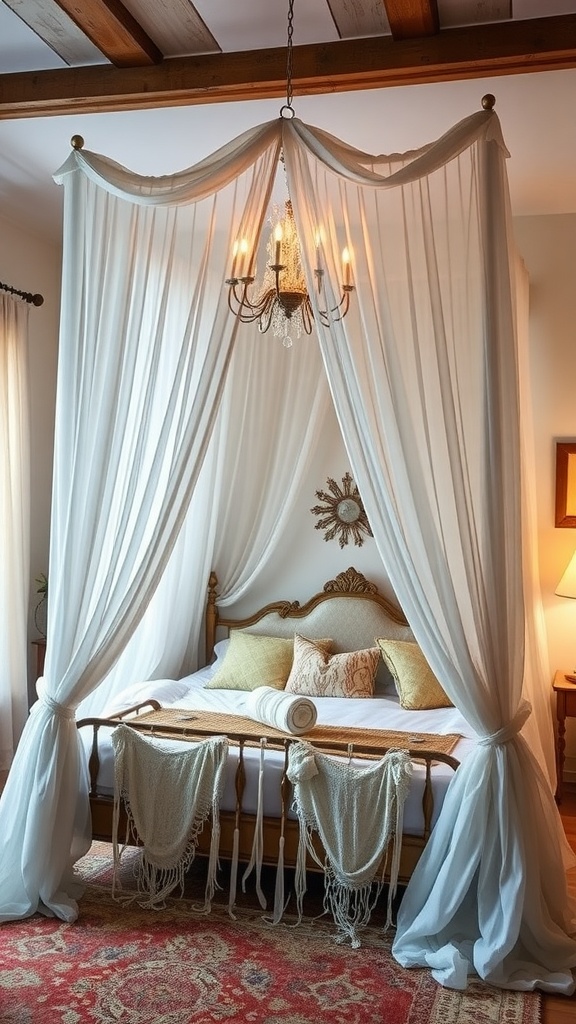 A boho-style canopy bed with flowing curtains, decorative pillows, and a chandelier.