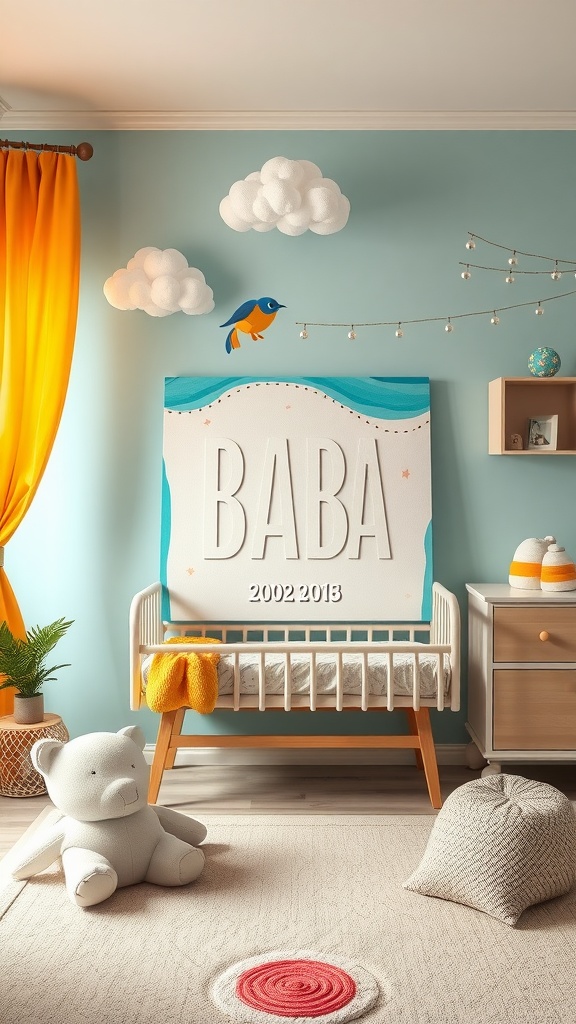 A nursery with an artistic canvas announcing 'BABA', featuring playful decor elements like clouds and a bird.