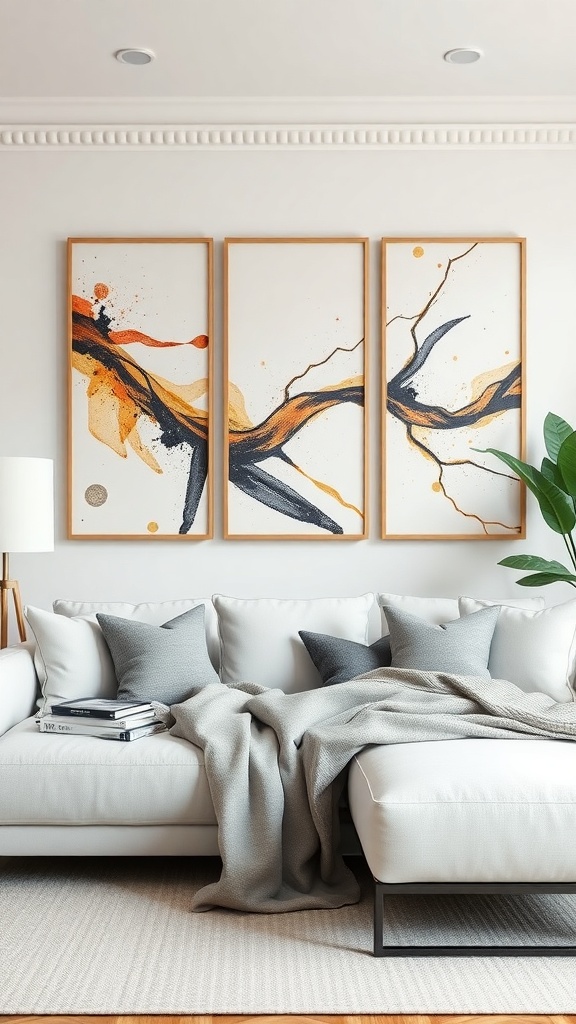 Three artistic canvas prints in a living room above a white sofa with gray pillows and a cozy throw.