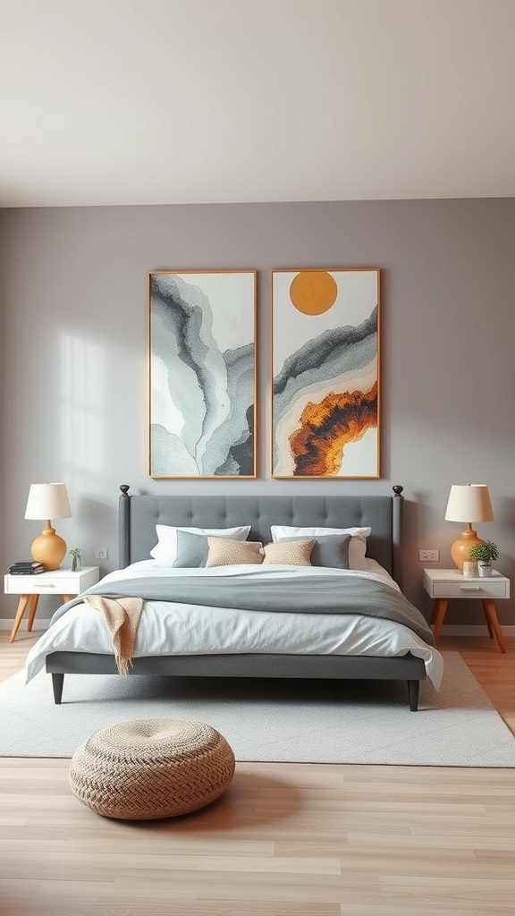 A modern bedroom featuring two artistic canvas prints above the bed, with a neutral color scheme and cozy decor.
