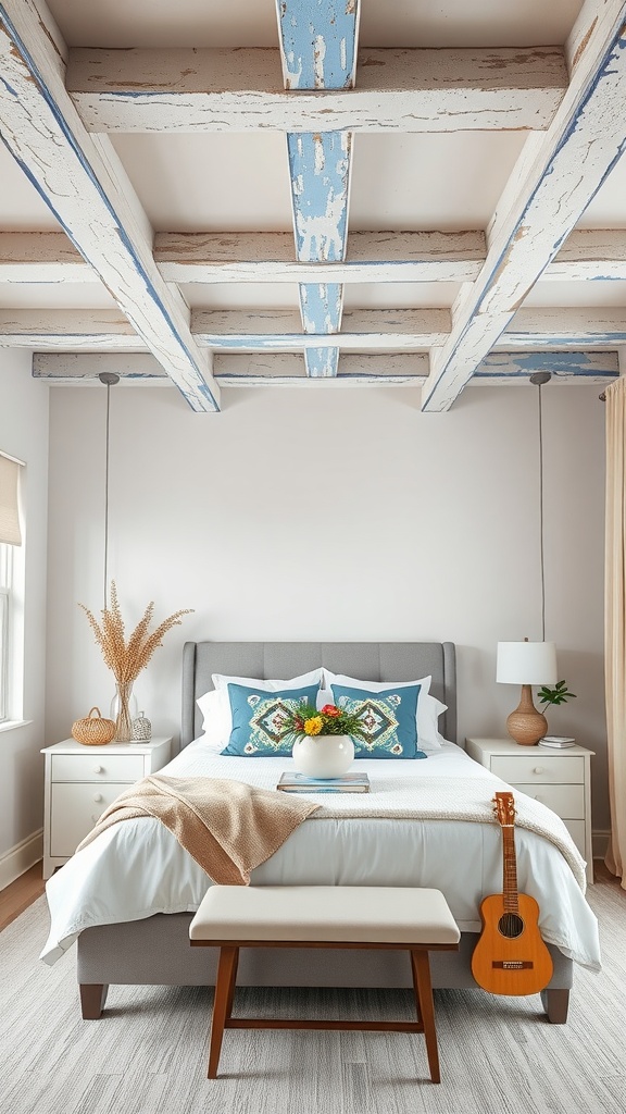 A cozy bedroom featuring artistic ceiling beams with a light blue finish, a neatly made bed, decorative pillows, a bench, and a guitar.