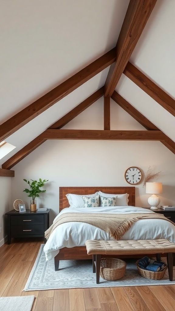 A cozy bedroom featuring sloped ceiling with wooden beams, a bed, and stylish decor.