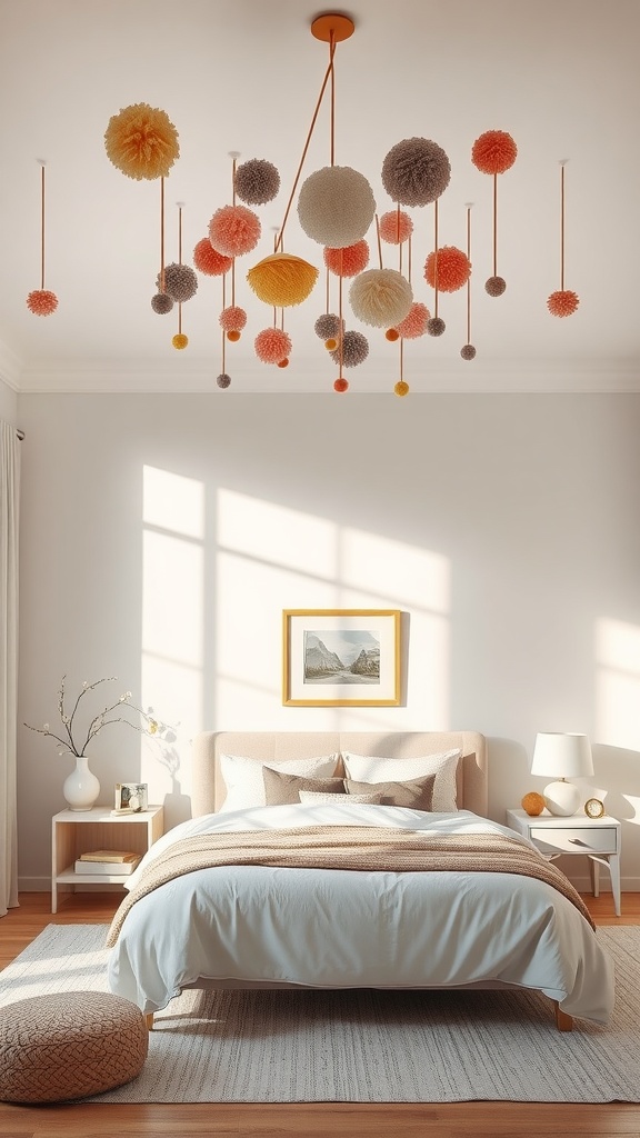 A beautifully decorated ceiling with colorful pom-poms hanging above a soft girl bedroom.