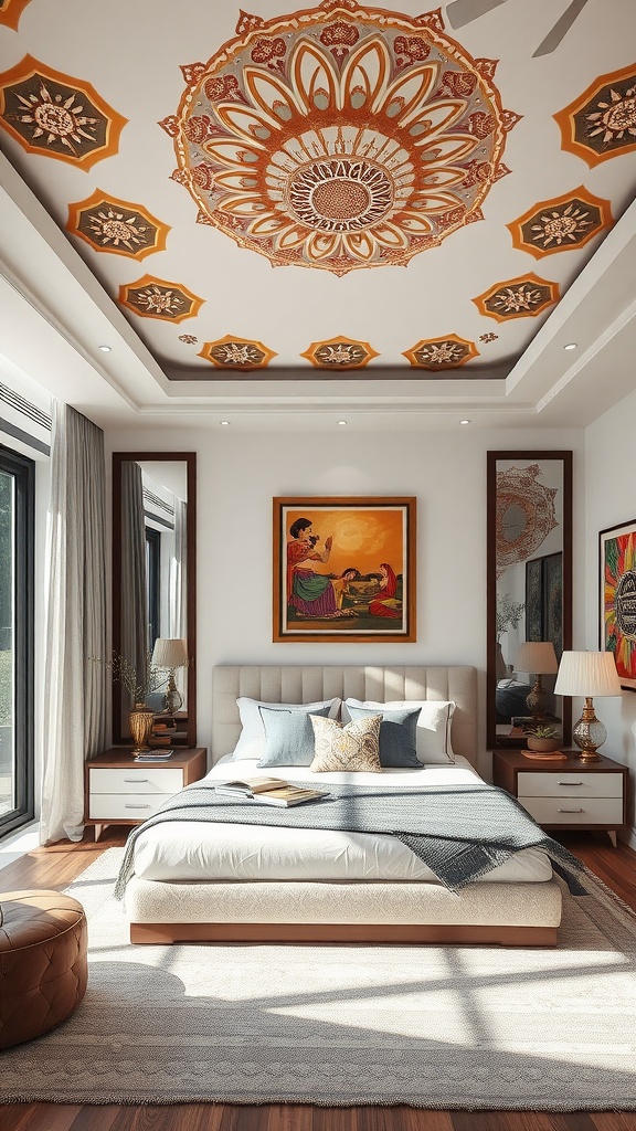 A modern Indian bedroom with an artistic ceiling design featuring a colorful mandala pattern.