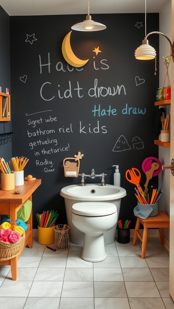 A kids' bathroom featuring a chalkboard wall with colorful art supplies and playful decorations